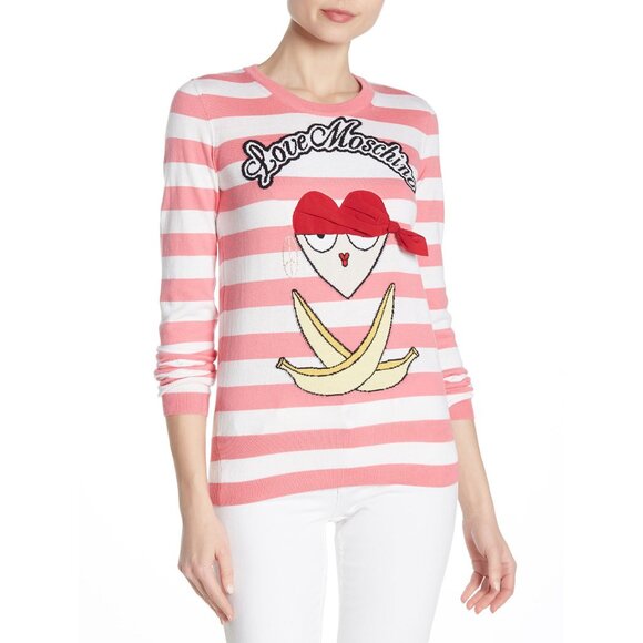 LOVE MOSCHINO SWEATER PIRATE GIRL APPLIQUE STRIPED COTTON JUMPER sz 44 8